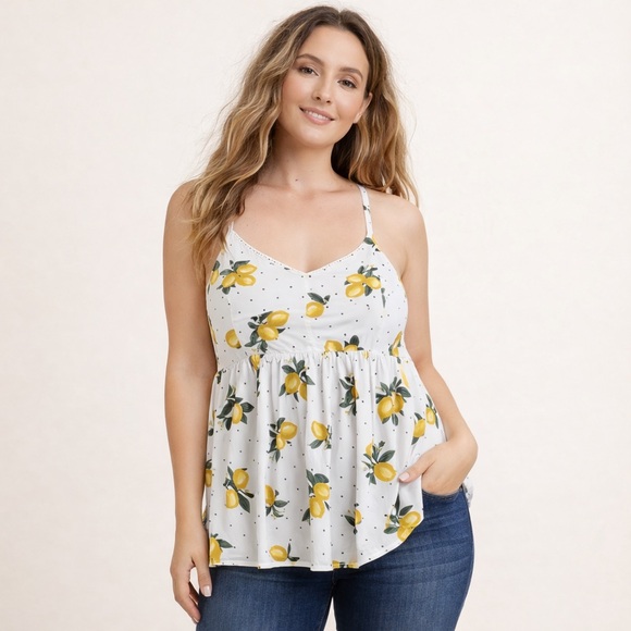 Torrid 00 Lemon Print Babydoll Tank Top Polka Dot Zip Back Cami Size 10-12 - Picture 7 of 8